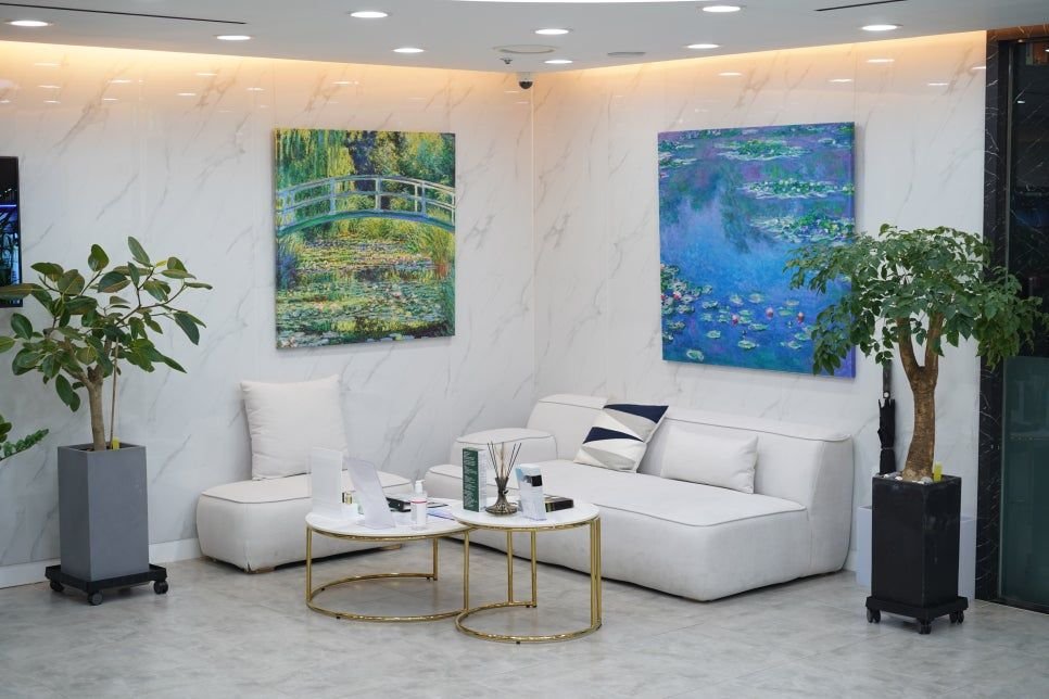 Waiting lounge at Motential Clinic, hung with paintings