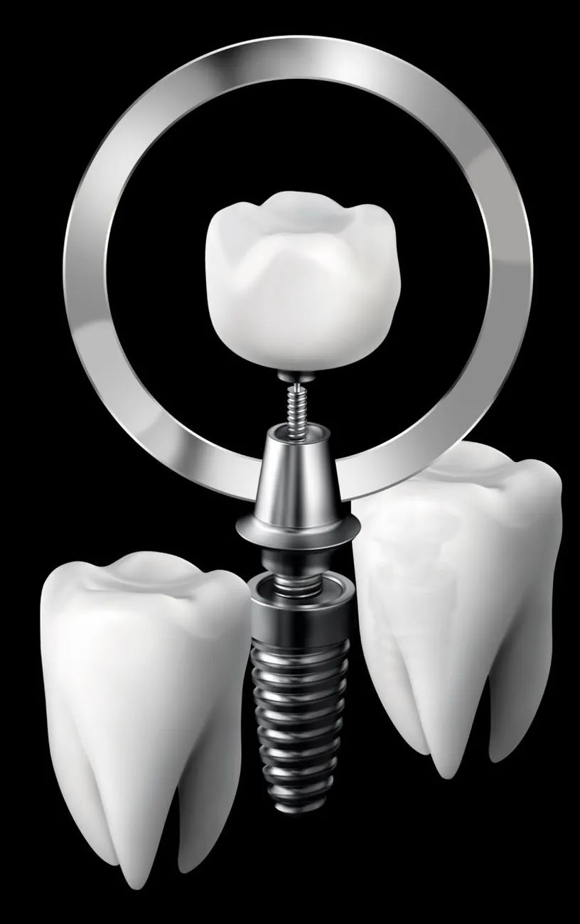 A surgical magnifier held over an implant fixture between two natural teeth